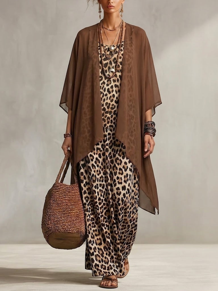Women's Chiffon Cardigan and Leopard Print Maxi Dress Two Piece Set