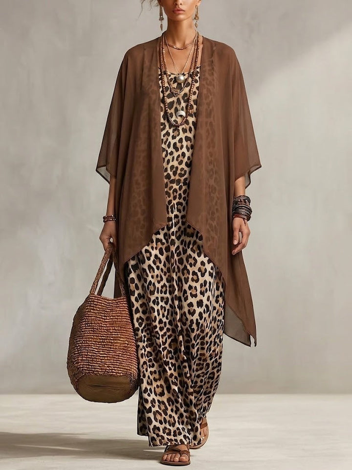 Women's Chiffon Cardigan and Leopard Print Maxi Dress Two Piece Set