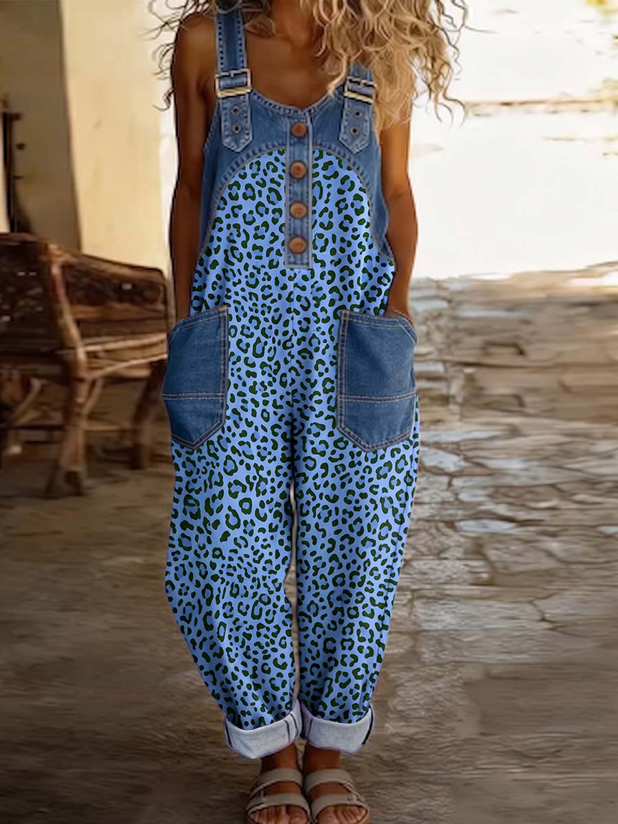 Women's Leopard-Print Denim Wide Leg Jumpsuit