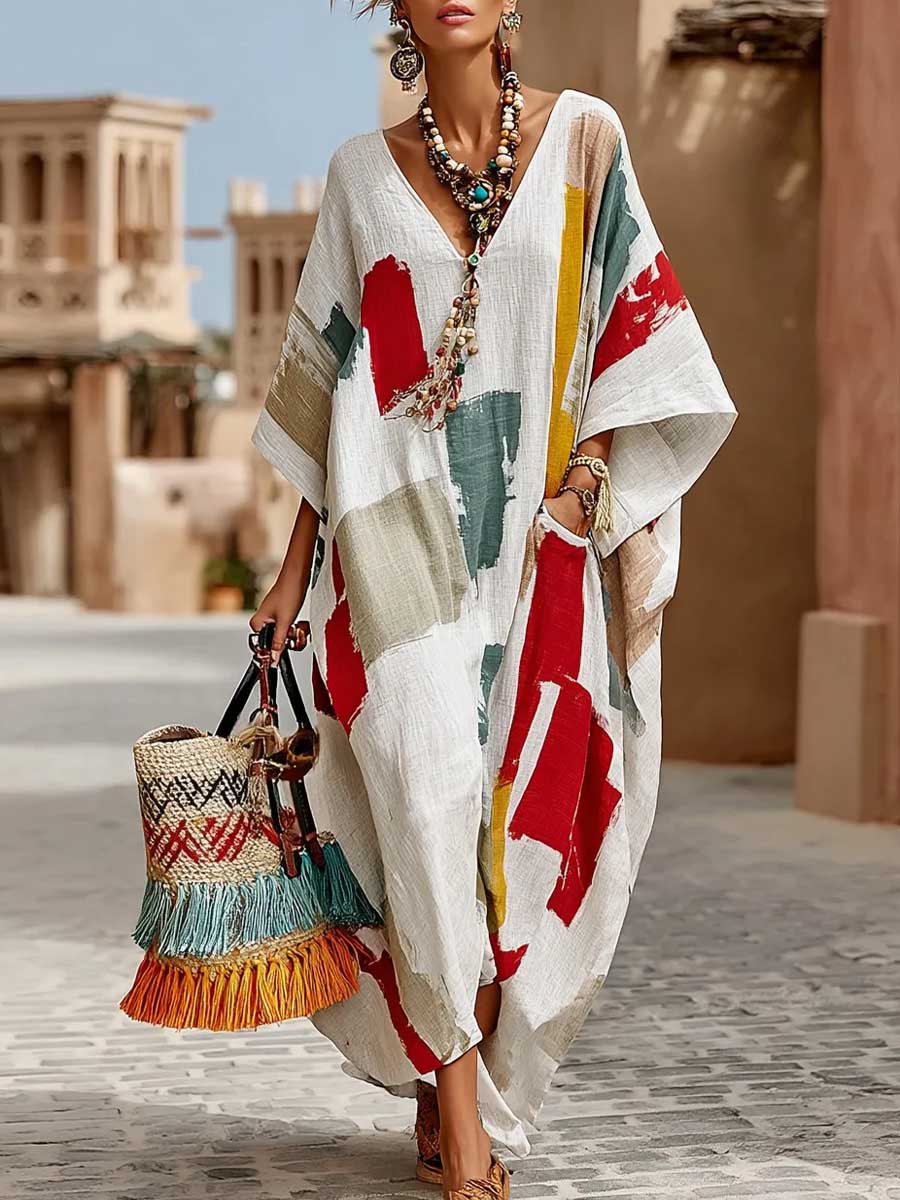 Women's Linen Kaftan V-Neck Oversized Maxi Dress