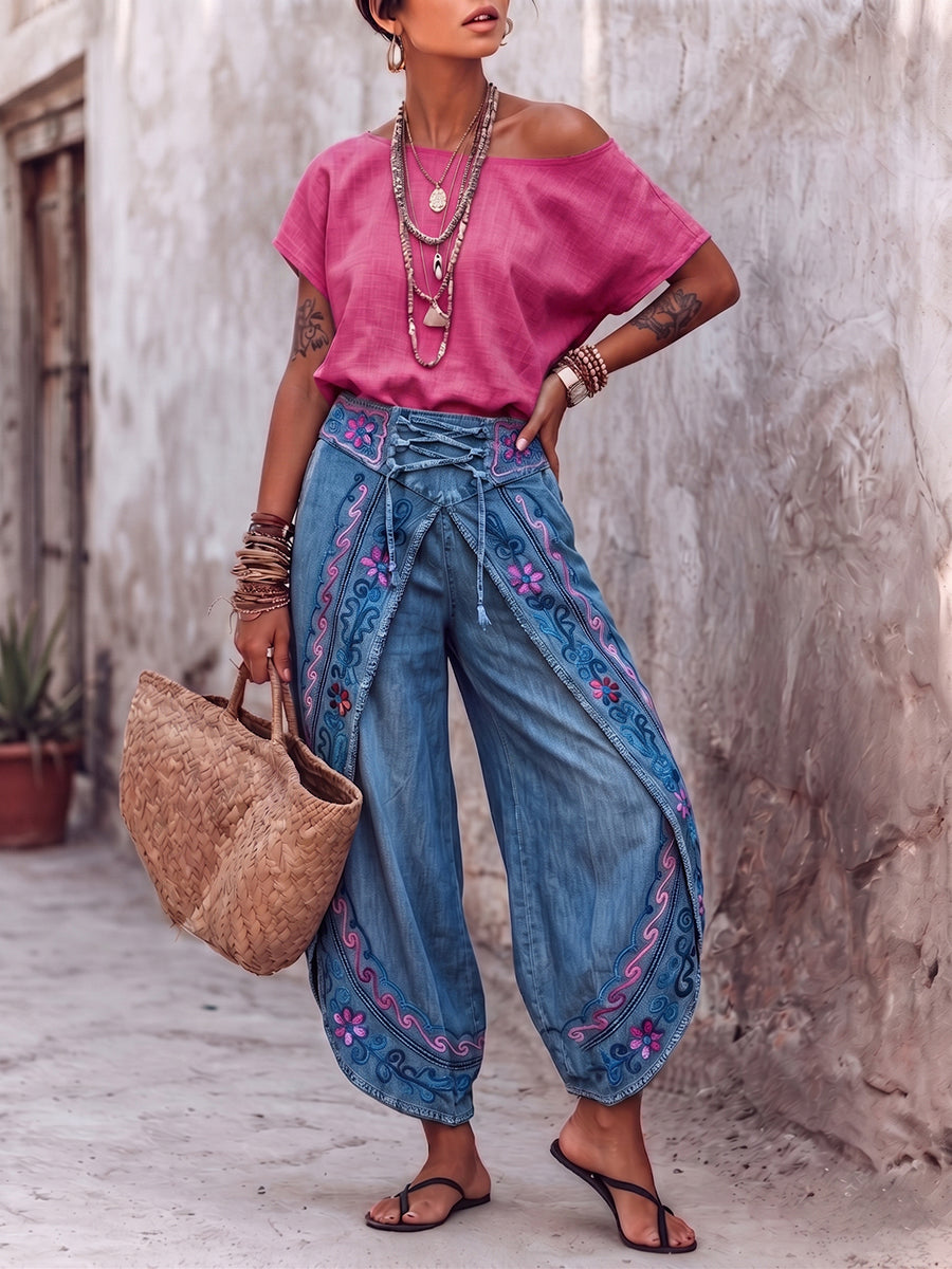 Women's Denim Wide Leg Boho Trousers Embroidered Hippie Harem Pants