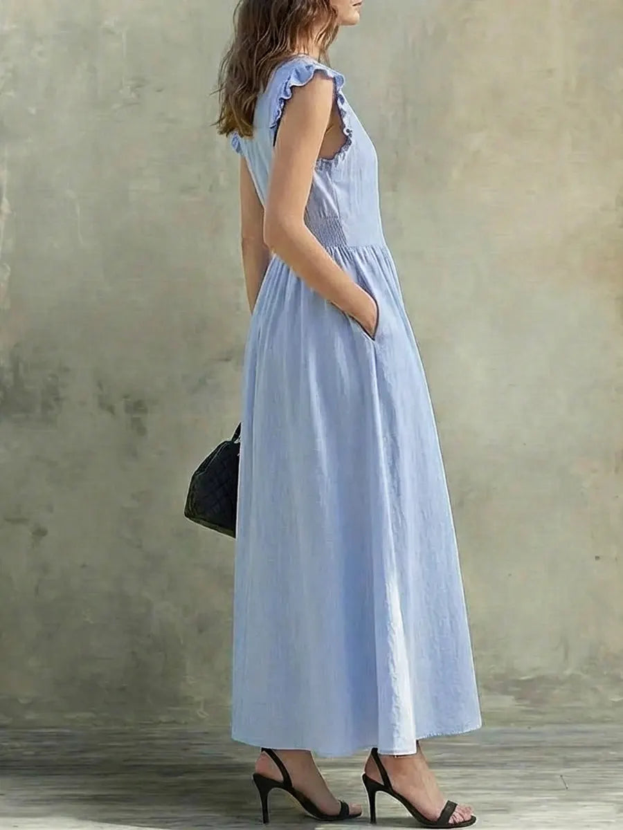 Women's Linen Maxi Dress V-Neck Ruffle Sleeve A-Line Sun Dress