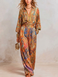 Women's Paisley Print Satin Wide Leg Trouser and Blouse Set