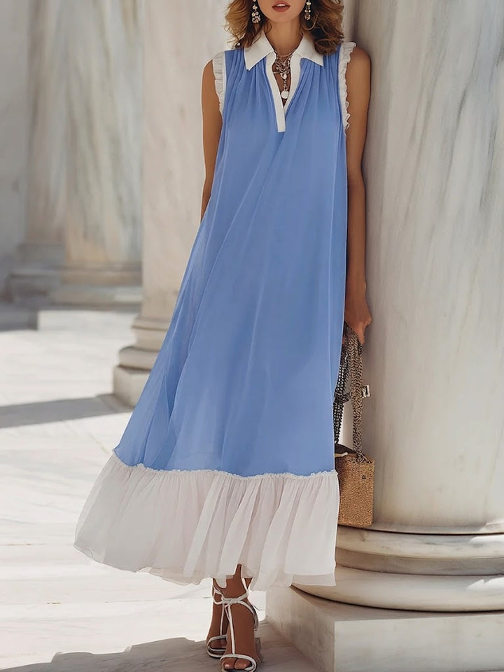 Women's Linen Blend Sleeveless V-Neck Pleated Hem Maxi Dress