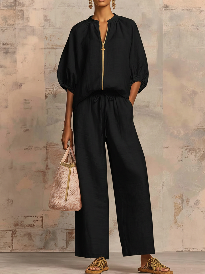 Women's Linen Blend Half Zip Top and Wide Leg Pants Two-Piece Lounge Set
