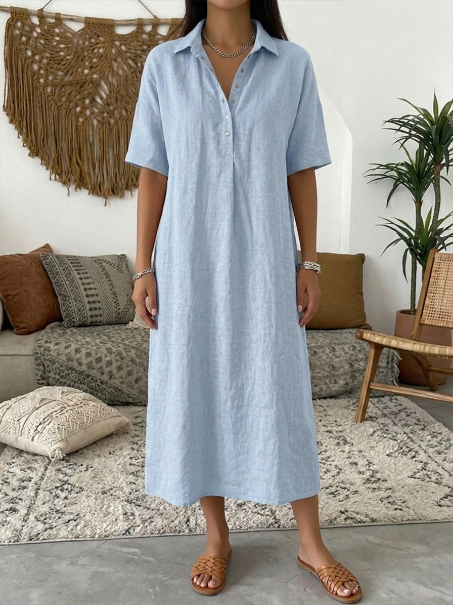Women's Linen Collared Button Maxi Shirt Dress