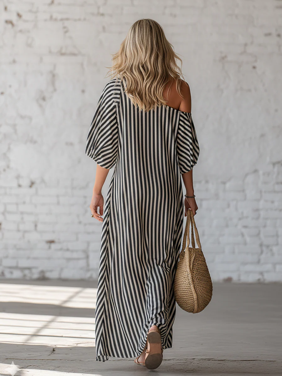 Women's Linen Off the Shoulder Maxi Dress Striped Oversized Sun Dress