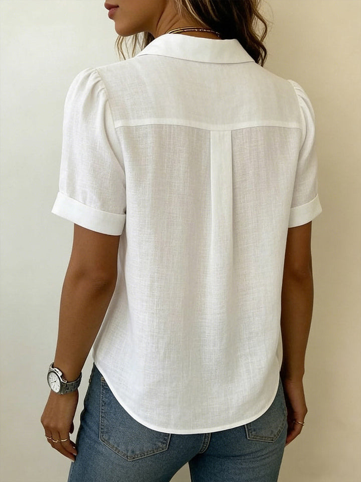 Women's Linen Blouse V Neck Short Sleeve Casual Shirt