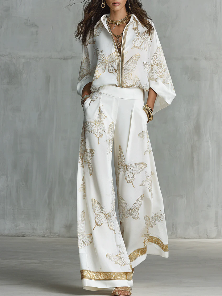 Women's Linen Wide Leg Trousers and Butterfly Print Shirt Set