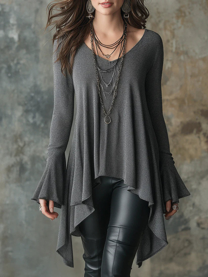 Women's Knit V-Neck Bell Sleeve Tunic Top
