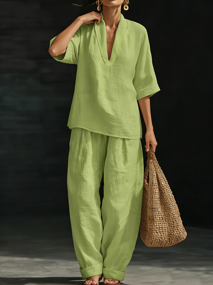 Women's Linen Two Piece Set V Neck Short Sleeve Top and Wide Leg Trousers