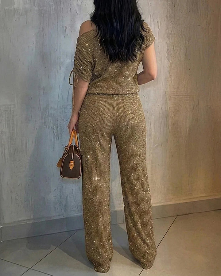 Women's Sparkle Knit Off-the-Shoulder Two Piece Wide Leg Set