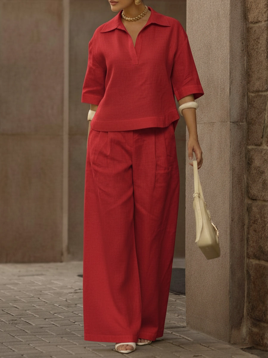 Women's Linen Two Piece Set Wide Leg Trousers and V Neck Top Lounge Wear