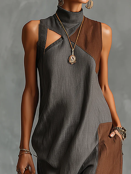 Women's Linen Sleeveless High Neck Cutout Maxi Dress