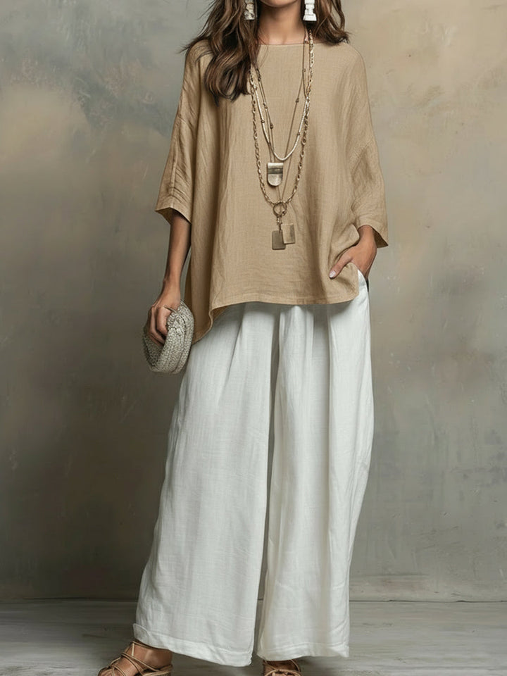 Women's Linen Two Piece Lounge Set Wide Leg Pants and Top Co-ord