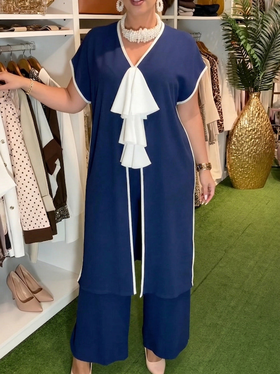 Women's Chiffon Ruffle Trim Tunic and Wide Leg Trousers Two Piece Set