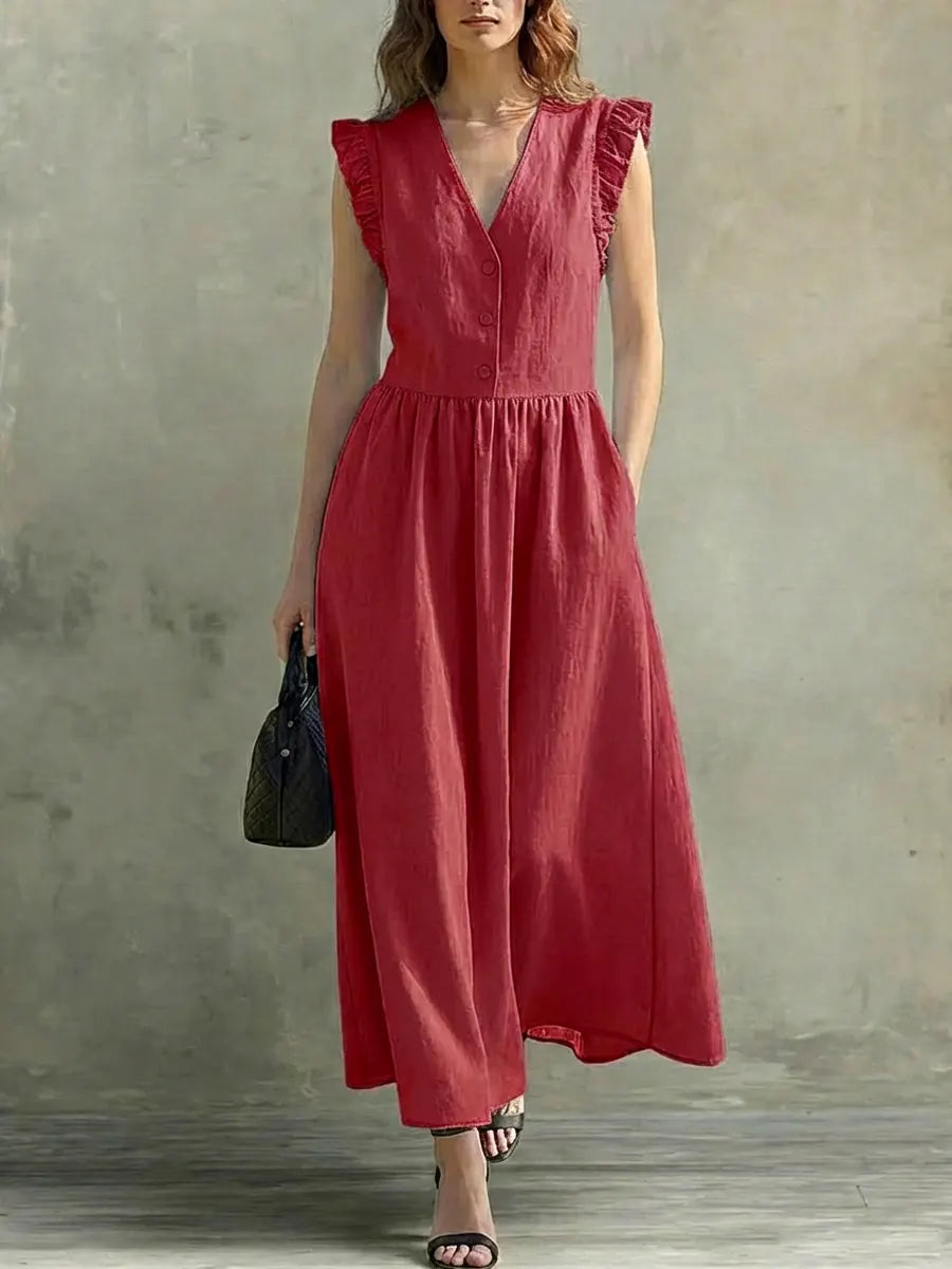 Women's Linen Maxi Dress V-Neck Ruffle Sleeve A-Line Sun Dress