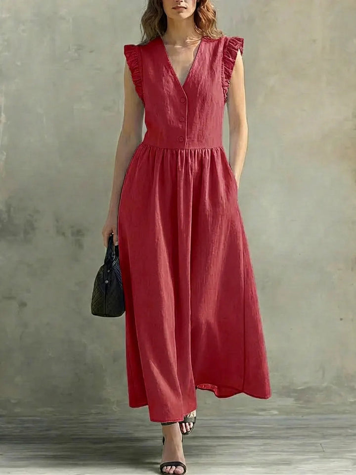 Women's Linen Maxi Dress V-Neck Ruffle Sleeve A-Line Sun Dress