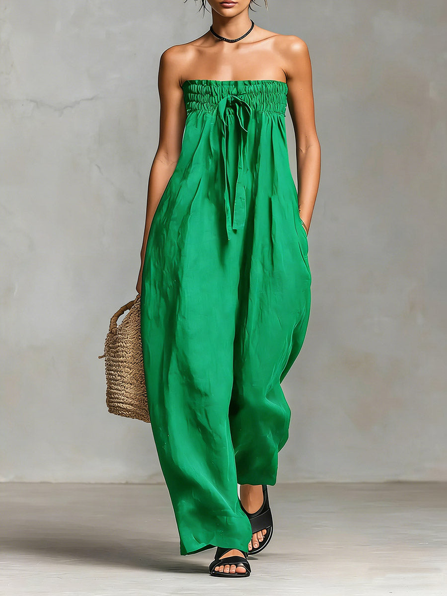 Women's Linen Strapless Wide Leg Jumpsuit