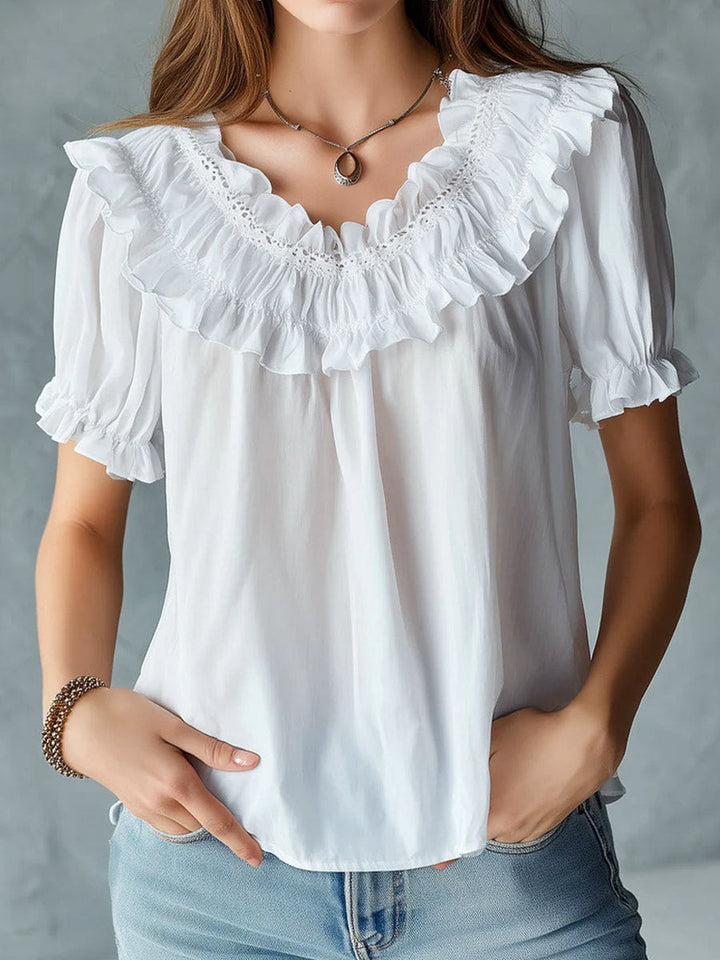 Women's Linen Ruffle Blouse Short Sleeve Top