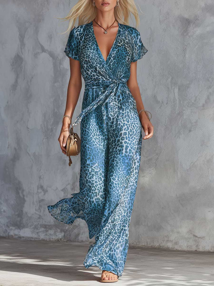 Women's Leopard Print Chiffon Short Sleeve V-Neck Jumpsuit