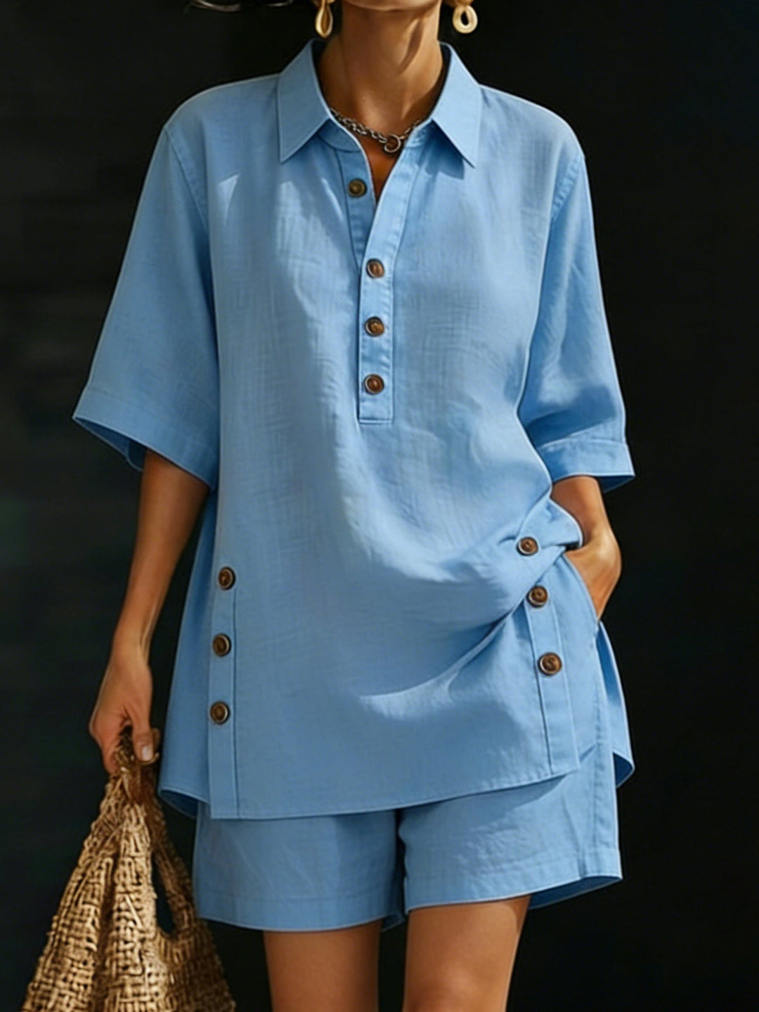 Women's Linen Two Piece Shorts Set Casual Lounge Wear Outfit