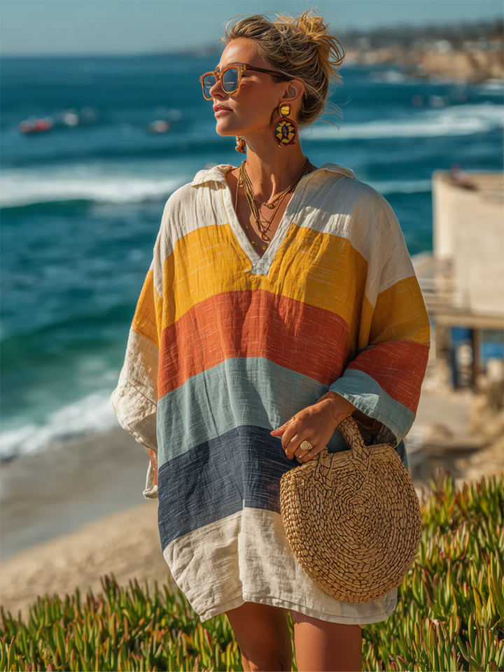 Women's V-Neck Wide Sleeve Striped Linen Beach Mini Shirt Dress