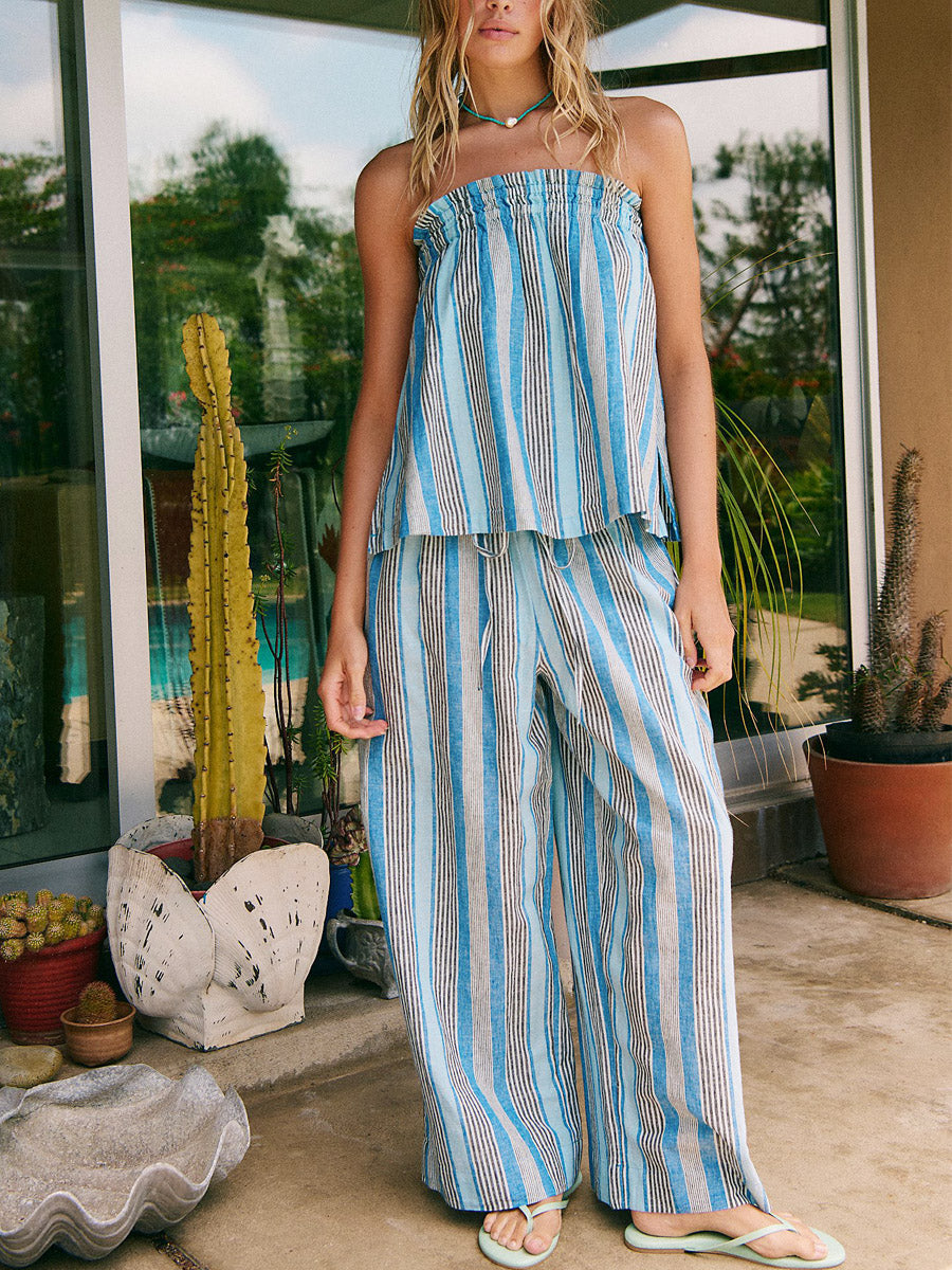 Women's Linen Striped Strapless Top & Wide-Leg Pants Two-Piece Set