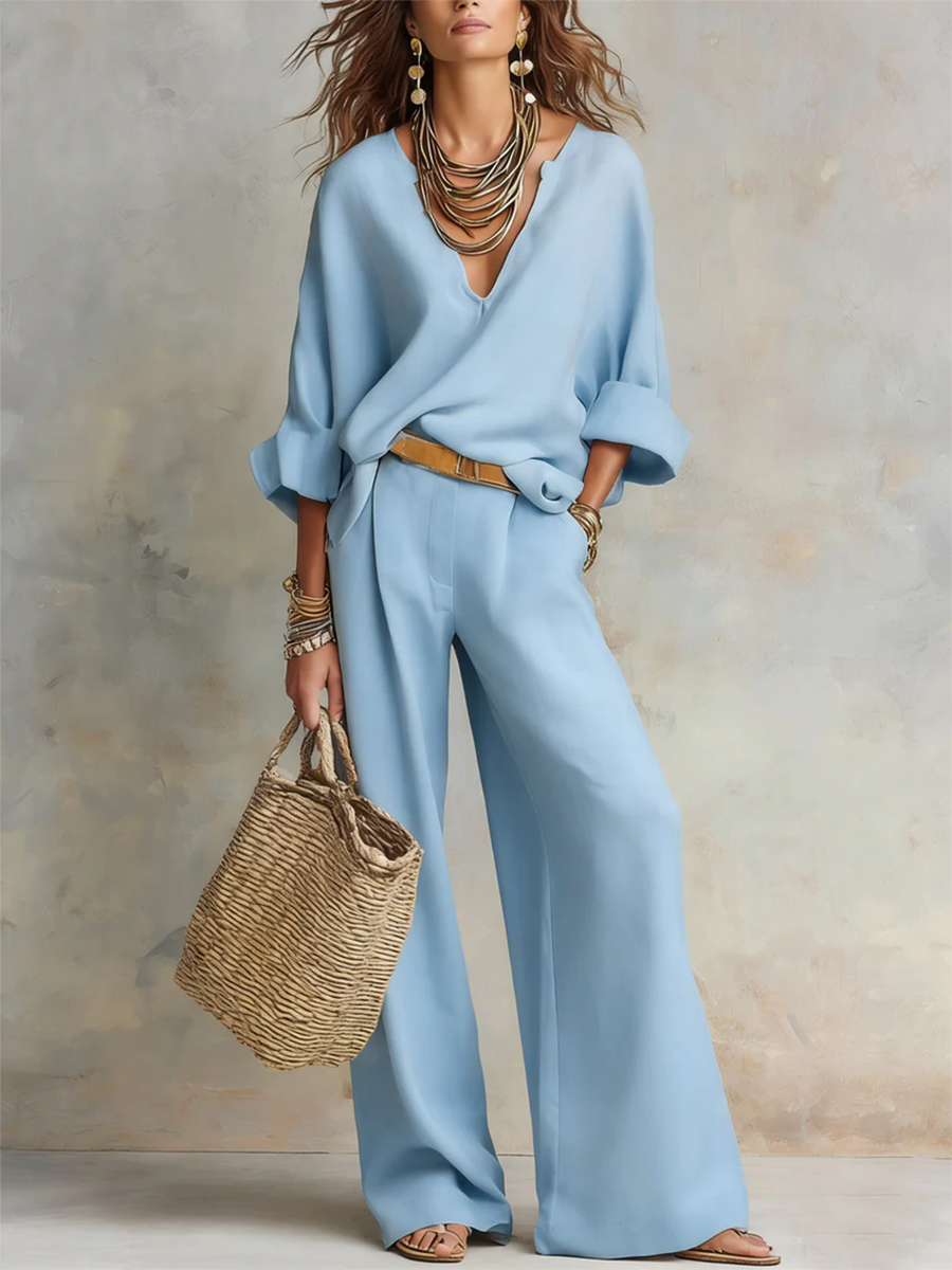 Women's Linen Wide Leg Trousers and V-Neck Top Set