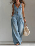 Women's Denim Sleeveless V-Neck Wide-Leg Jumpsuit