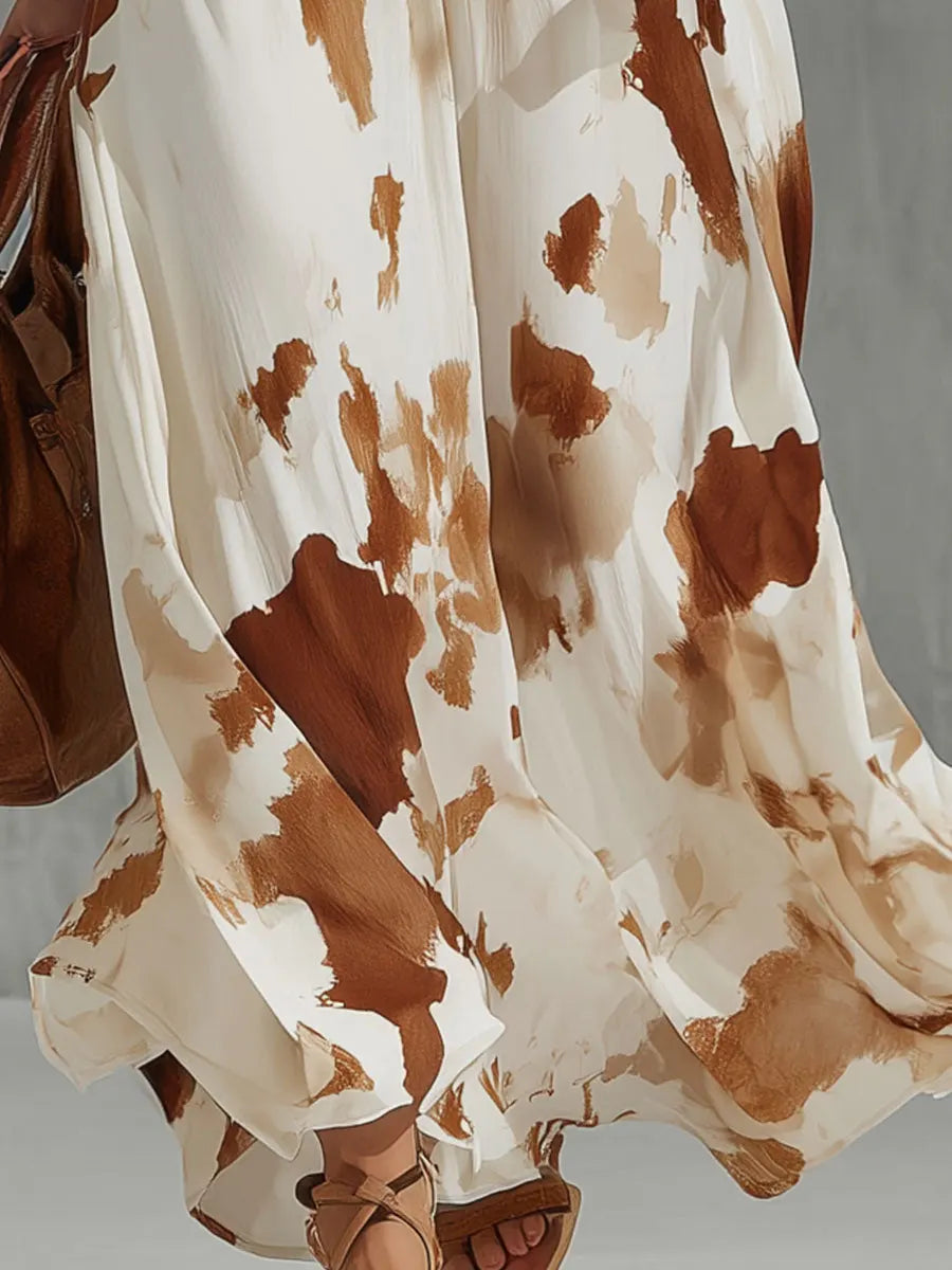 Women's V-Neck Sleeveless Loose Fit Art Print Linen Maxi Dress