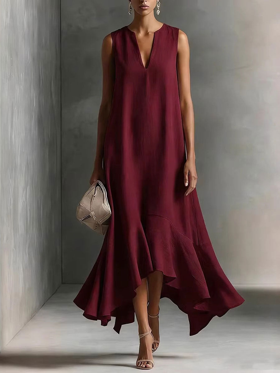 Women's Deep V-Neck Sleeveless Asymmetric Ruffle-Hem Linen Maxi Dress