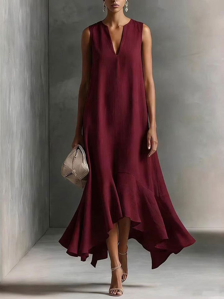 Women's Deep V-Neck Sleeveless Asymmetric Ruffle-Hem Linen Maxi Dress