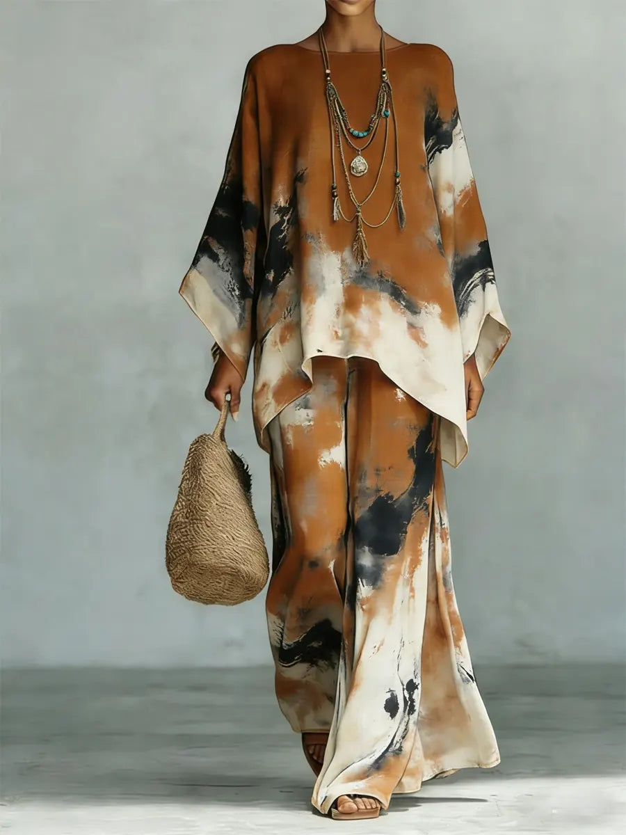 Women's Linen Two Piece Set Tie Dye Wide Leg Trousers and Oversized Top