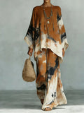 Women's Linen Two Piece Set Tie Dye Wide Leg Trousers and Oversized Top