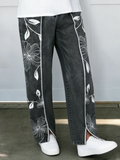 Women's Floral Embroidered Denim Wide Leg Jeans Linen Blend Pants