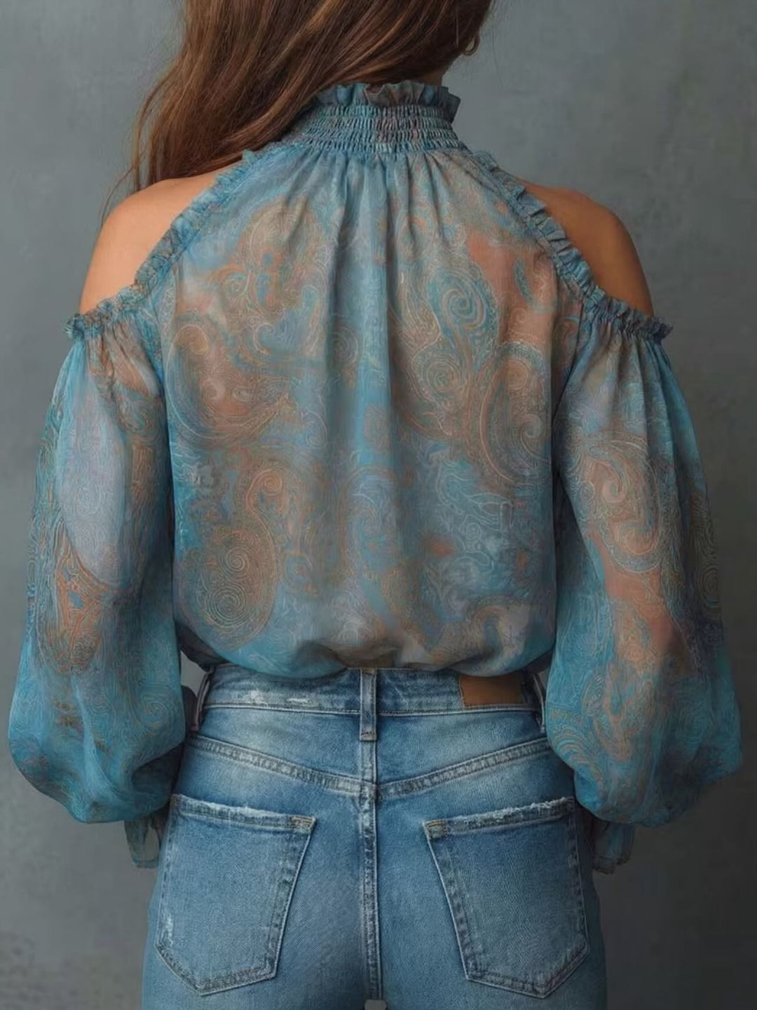 Women's Chiffon Blouse Paisley Mock Neck Cold Shoulder Sheer Top