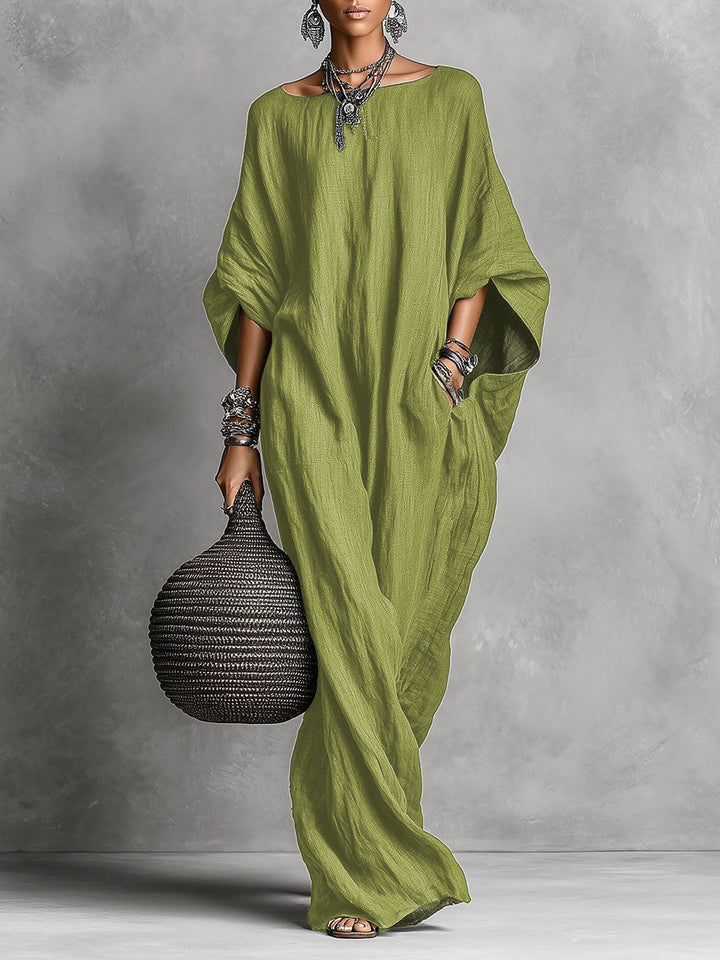 Women's Linen Maxi Kaftan Dress Bohemian Oversized Batwing Sleeve Long Gown