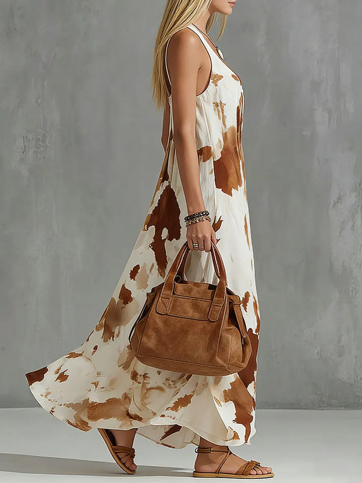 Women's V-Neck Sleeveless Loose Fit Art Print Linen Maxi Dress