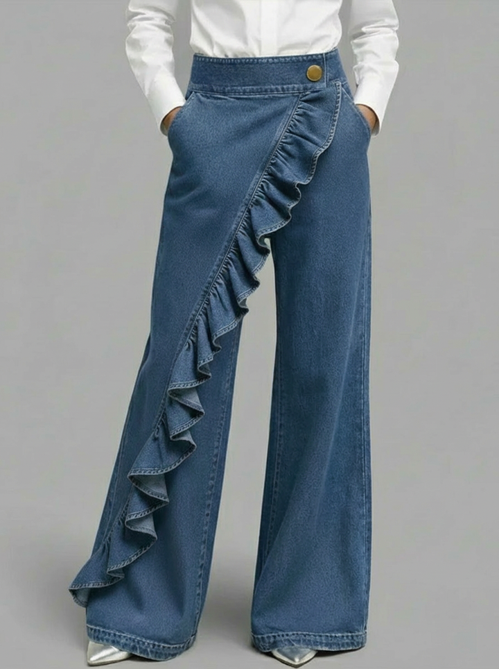 Women's Ruffle Front Wide Leg Denim Jeans