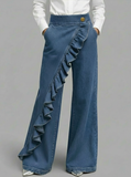 Women's Ruffle Front Wide Leg Denim Jeans