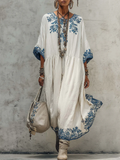 Women's Floral Linen-Blend V-Neck Boho Maxi Dress