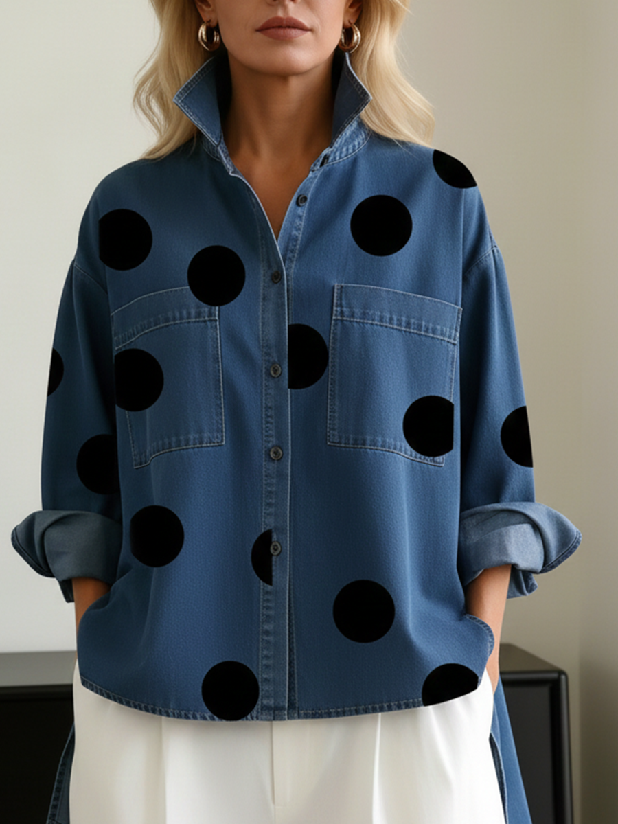 Women's Polka Dot Denim Shirt Oversized Button Up Blouse Long Sleeve Top