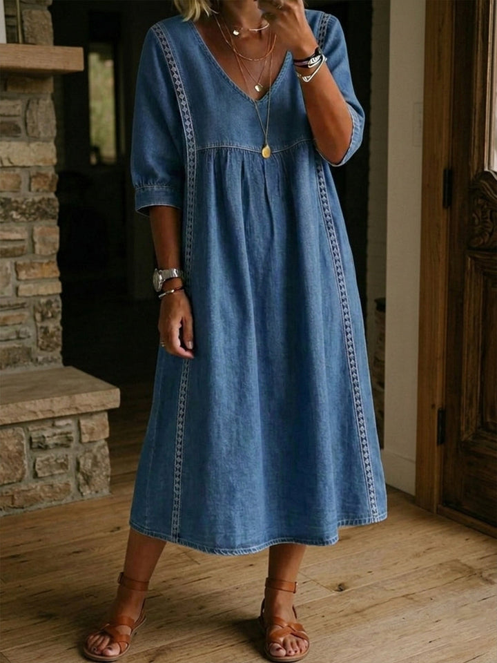 Women's Linen V-Neck Casual Loose Fit Midi Dress