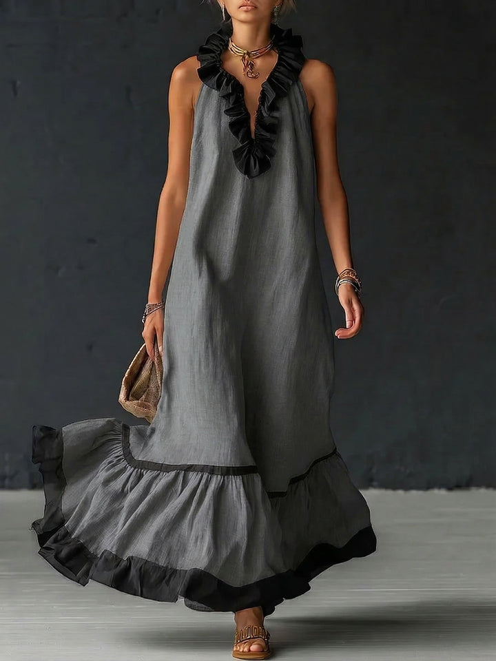 Women's Linen Ruffle Maxi Dress Sleeveless V-Neck Tiered Sundress