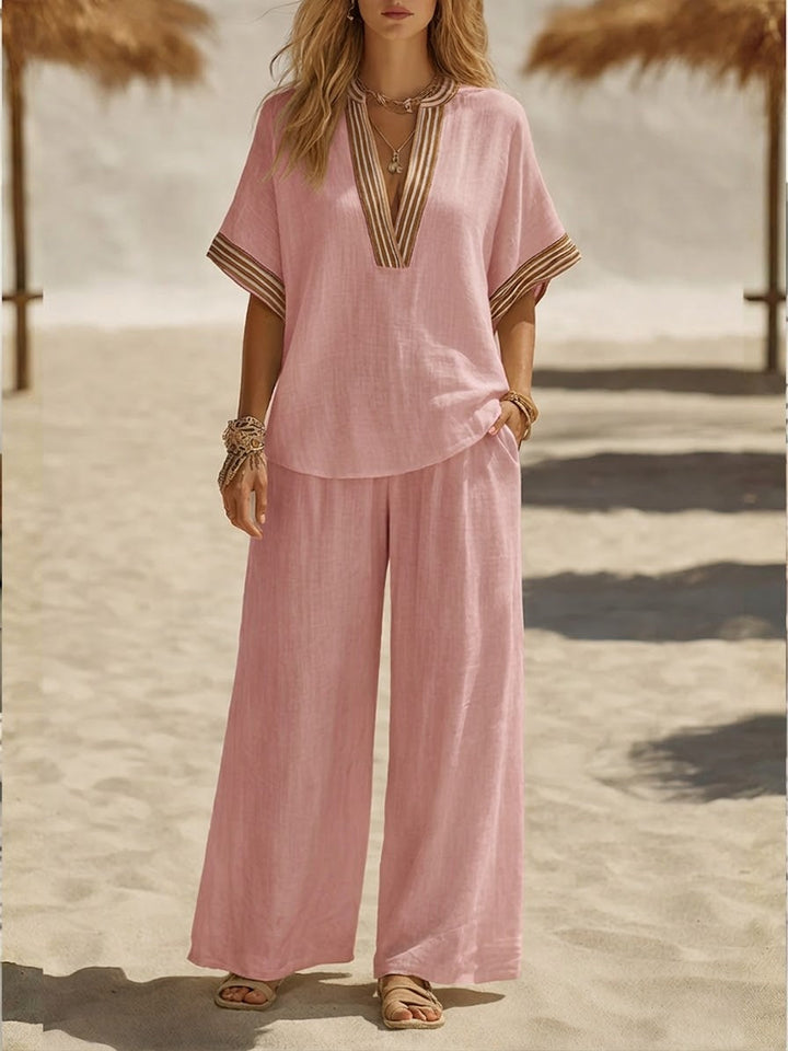 Women's Linen Two Piece Set Wide Leg Trousers and V Neck Top Co-ord