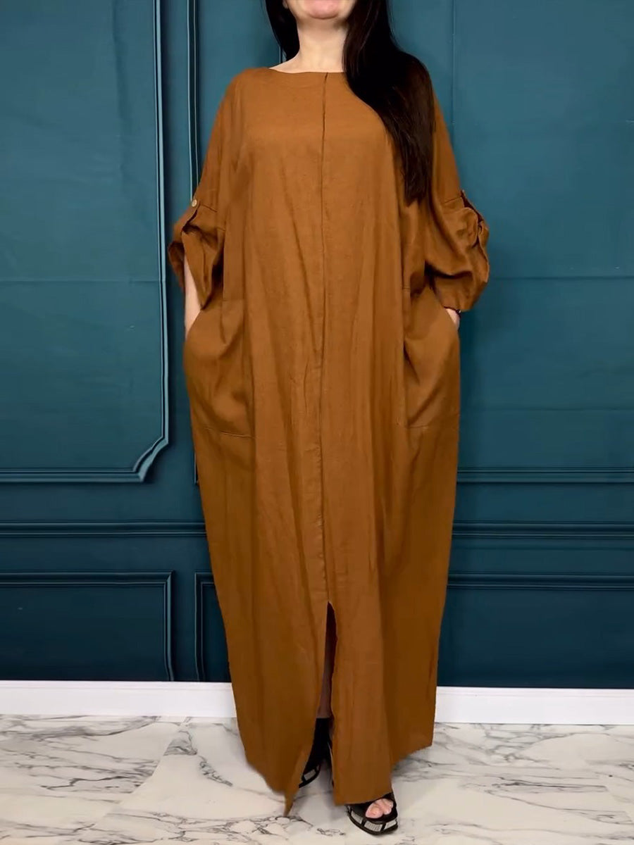 Women's Linen Kaftan Maxi Dress With Back Bow Detail