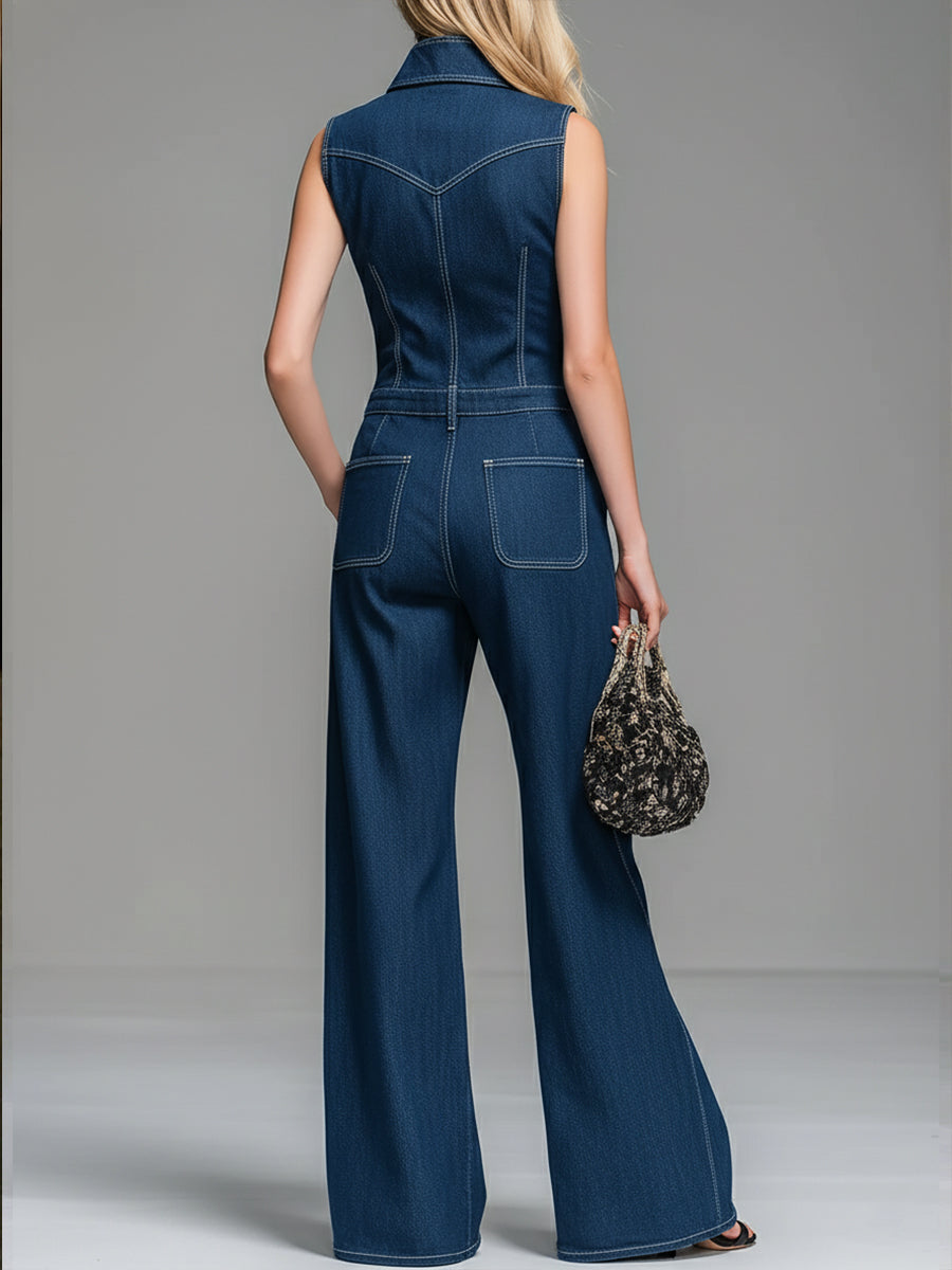 Women's Denim Jumpsuit Sleeveless Wide Leg Romper