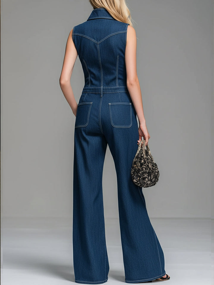 Women's Denim Jumpsuit Sleeveless Wide Leg Romper