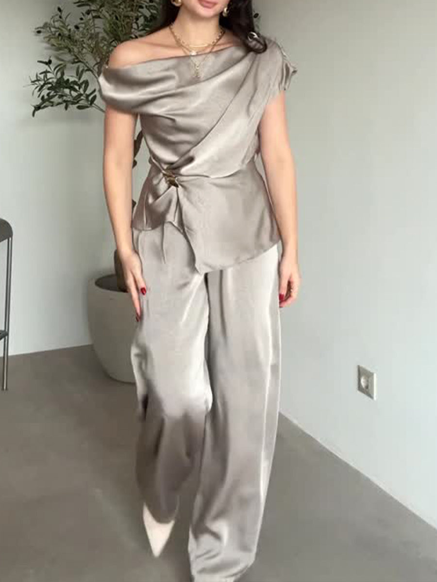 Women's Satin Two Piece Set Off-the-Shoulder Top & Wide Leg Pants